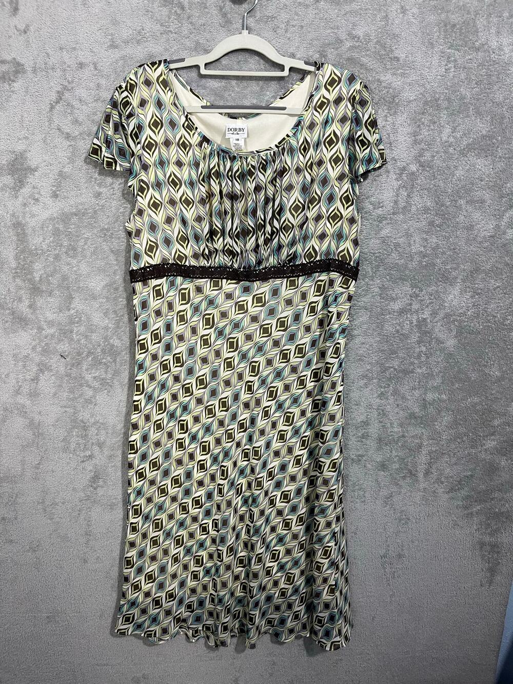VTG Y2K Dorby Babydoll Dress Size 18 Green Geometric Fairycore Lace Detail